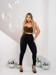 Women's High Compression Polyamide Legging Pants With Eyelets On The Side - 黑色 - 查看 2