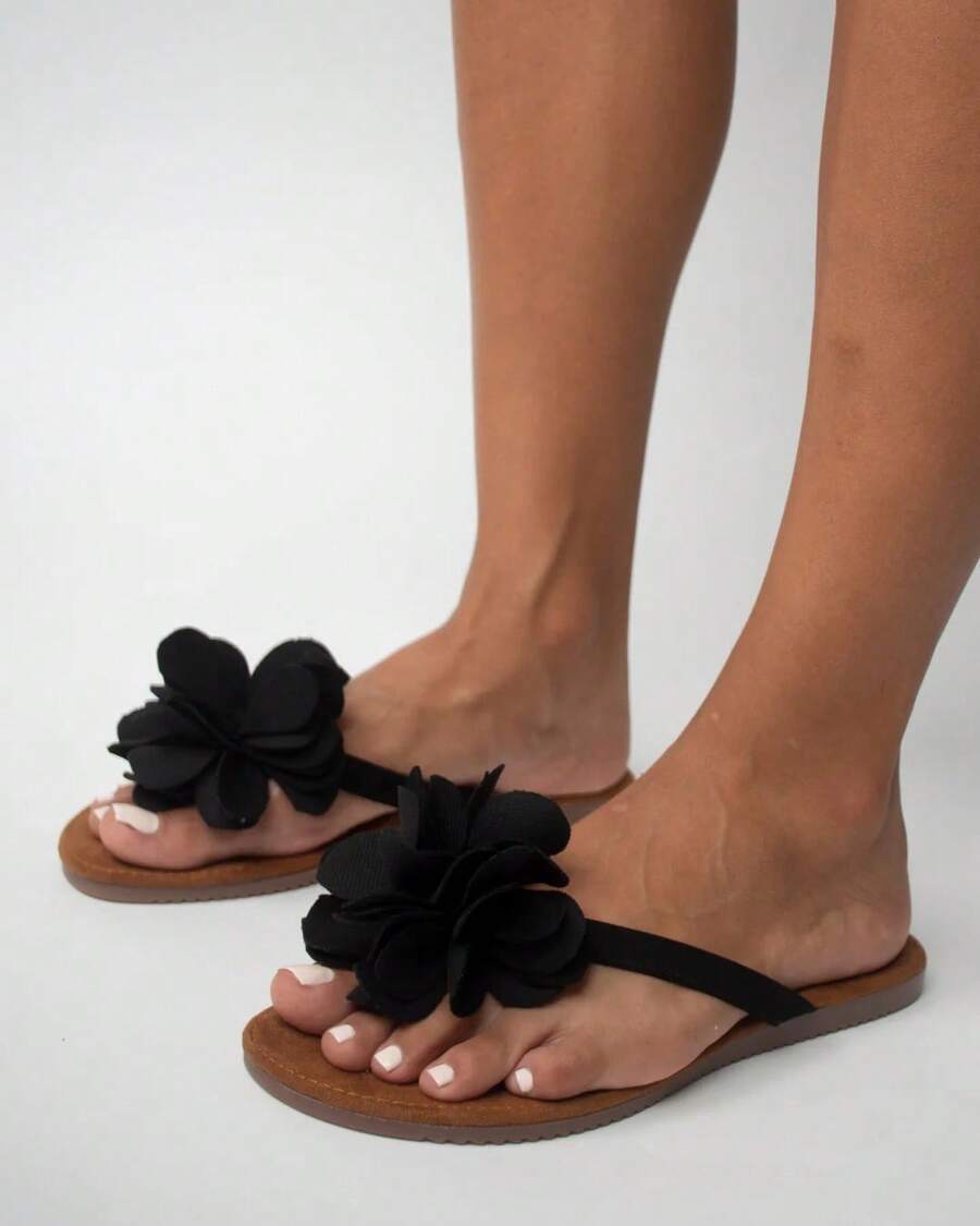 La Caprichosa Casual Flat Sandal With Flower, Lady's Sandal With Flower - 黑色 - 查看 1