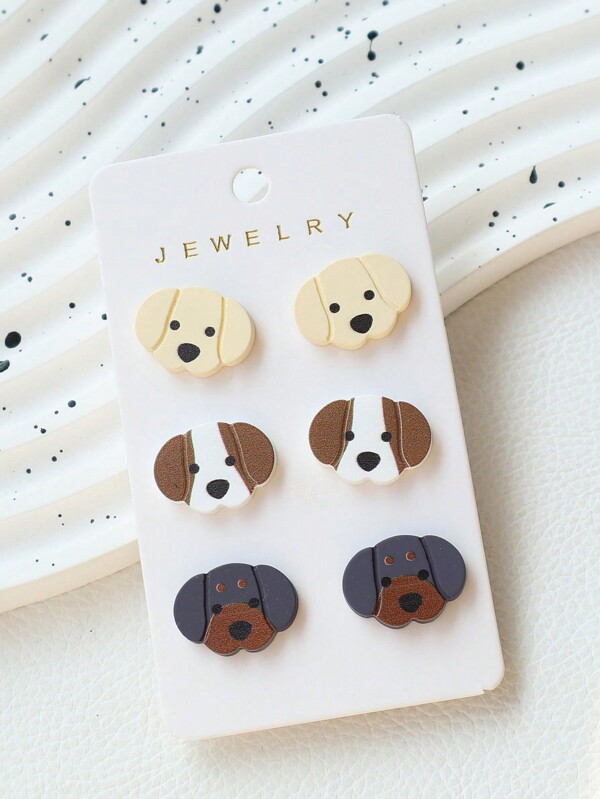 3pairs/Set Cute Animal Faux Ceramic-Look Acrylic Painted Puppy Stud Earrings, Funny & Unique Sweet Earring Gift Set
