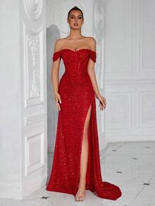 Đầm maxi dự tiệc nữ trễ vai, xếp ly, xẻ cao, thích hợp cho khiêu vũ, tiệc cocktail, với dây ruy băng mềm mại. - Đỏ - Xem 3