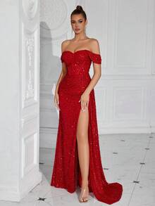 Đầm maxi dự tiệc nữ trễ vai, xếp ly, xẻ cao, thích hợp cho khiêu vũ, tiệc cocktail, với dây ruy băng mềm mại. - Đỏ - Xem 7