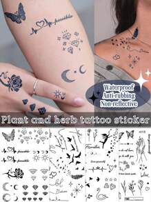 CAT QUEEN ART 4pcs Multi-Pattern Combination Semi-Permanent Tattoo Stickers, Herbal Juice, Butterfly, Diamond, Crescent Moon, Bird, Feather, Heart, Rose Designs, 7-14 Days Long-Lasting, Non-Fading, Non-Reflective, Waterproof Tattoo Stickers For Wrist, Ankle, Shoulder, Neck, Collarbone - Blue - View 3