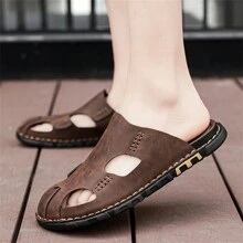 2024 Nuevas sandalias de cuero genuino para hombre para el verano, sandalias para hombre de talla grande, diapositivas de moda, chanclas de lujo de cuero - Marrón - Ver 5