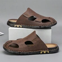 2024 Nuevas sandalias de cuero genuino para hombre para el verano, sandalias para hombre de talla grande, diapositivas de moda, chanclas de lujo de cuero - Marrón - Ver 8