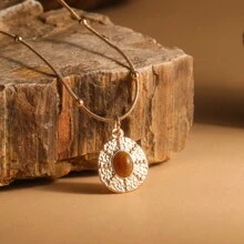 1 peça Vintage Oval Tiger Eye Stone & Geometric Pendant Necklace, Joia Bonita e Chique para Mulheres, Adequado para Festa, Presente de Dia dos Namorados para Namorada - Ouro amarelo - Ver 13