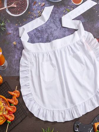 1 件白色短腰围裙，可爱复古半围裙女士服务员制服 - 女士腰围裙，厨房烹饪餐厅咖啡厅女仆围裙带口袋