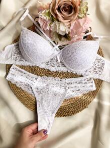 BARBI Microfiber Lace Set Sexy Lingerie Bra With Padded Bra And Thong Panties - 白色 - 查看 3