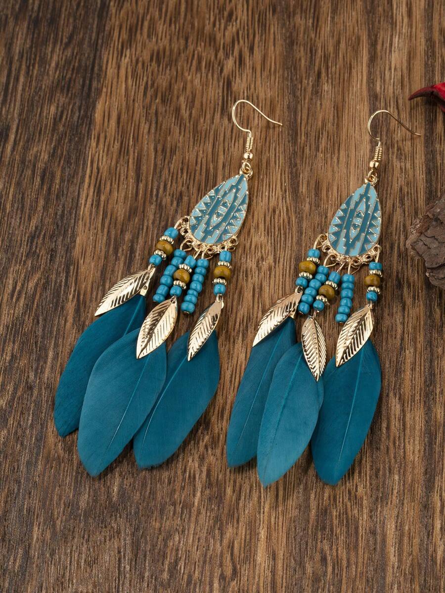 1 par de pendientes vintage de plumas de pollo