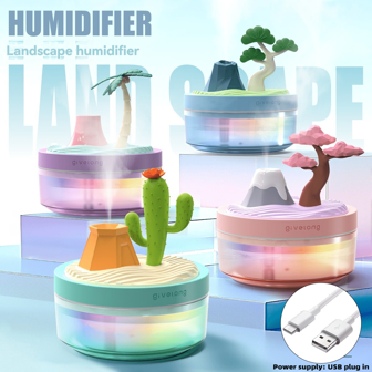 1 件装开学季桌面景观加湿器，带樱花/棕榈树/仙人掌/松树图案，双雾模式：连续/间歇，7 色渐变氛围灯，方便加水，适用于卧室/客厅，是送给情侣、恋人的绝佳礼物