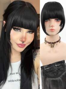 Women's Synthetic Bangs Hairpiece, Straight Hair Versatile Brown & Black French Curtain Fringe With Temples, High Temperature Fiber, Clip In Front Hair Extensions Natural Bangs Hairpieces Suitable For All People