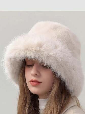 1 قطعة قبعة دلو نسائية ثخينة مصنوعة من قماش مخملي متعدد الملمس، مزينة بالخامات المنسوجة والفراء المختلطة، أنيقة وشتوية متعددة الاستخدامات، للارتداء اليومي والخروجات