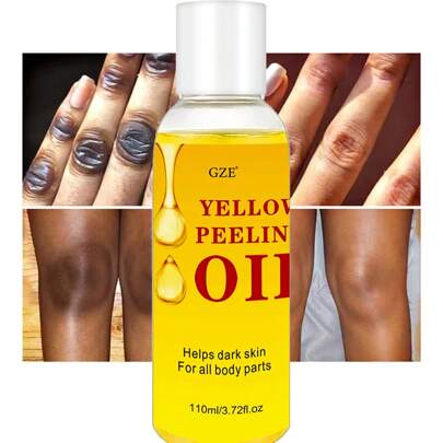 زجاجة زيت تقشير غير عادي قوي باللون الأصفر لمنطقة الأرداف والجسم واليدين، يعمل على إزالة البقع الداكنة وتفتيح البشرة 110 مل