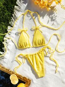 PEPPERMOLLY 全新柔软纯色露背系带比基尼，性感女士夏季沙滩泳装，黄色