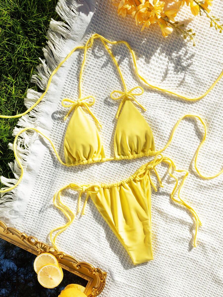 PEPPERMOLLY 全新柔软纯色露背系带比基尼，性感女士夏季沙滩泳装，黄色