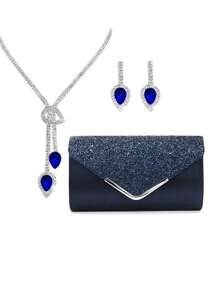 Women's Fashion Versatile Elegant Sequin Shiny Clutch Bag, Evening Bag, Dress Party Bag; Heart Shape Rhinestones Decorated Necklace And Earrings 3-Piece Set For Party Accessories