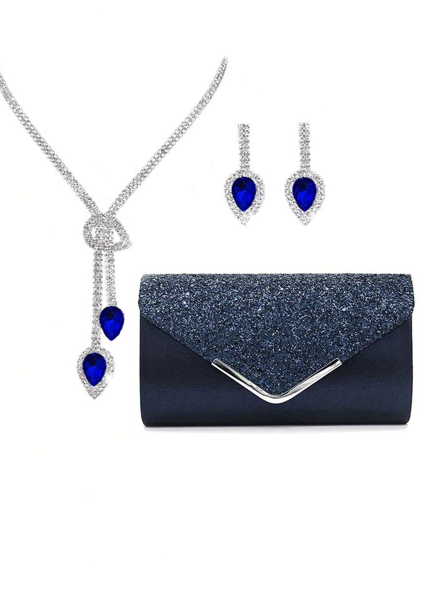 Women's Fashion Versatile Elegant Sequin Shiny Clutch Bag, Evening Bag, Dress Party Bag; Heart Shape Rhinestones Decorated Necklace And Earrings 3-Piece Set For Party Accessories