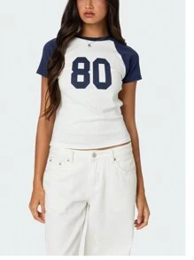 Summer Crop Top Number 80 Fitted Tee Jersey Short Sleeve Y2k Shirt Graphic Baby Tee Women - 藍色 - 查看 1