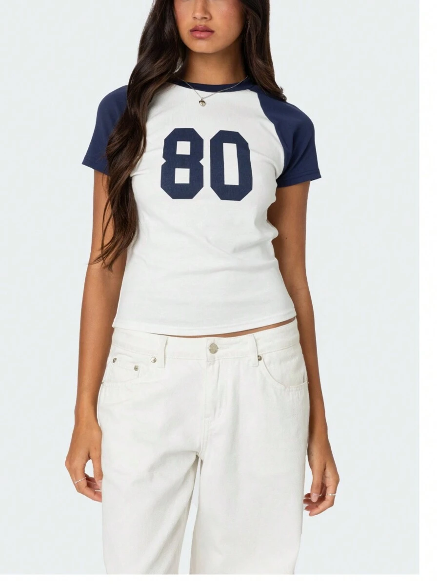 Summer Crop Top Number 80 Fitted Tee Jersey Short Sleeve Y2k Shirt Graphic Baby Tee Women - 藍色 - 查看 1