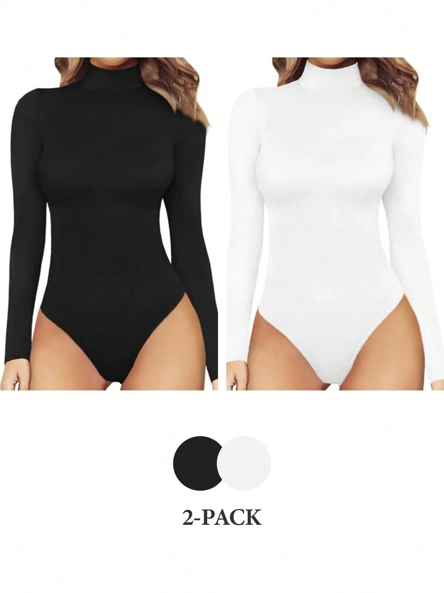 Mudere 2Pack Women's Long-Sleeve Bodysuit Round Neck Design, Slimming And Shaping - Black and White - View 1