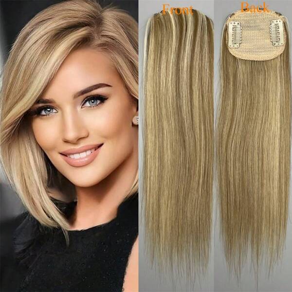 1pc Cabelo Humano Liso Mini Crown Toppers Clip-In Extensões de Cabelo Para Mulheres - 100% Cabelo Humano Real, Grosso e Aparência Natural, Cinza Prateado Misto Loiro Dourado, Fácil de Usar, 2,9"X2,6", 20g, Grampos de Cabelo Extensões de Cabelo
