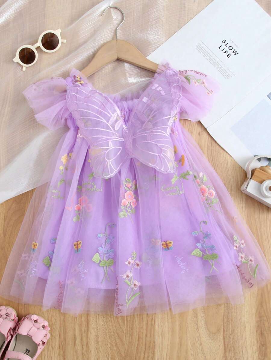 1 chiếc váy tutu bằng vải tuyn thêu hoa tay lửng xinh xắn cho bé gái, dự tiệc/sinh nhật/đi biển, mùa xuân hè thu - Màu tím - Xem 1