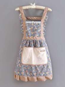 1 pieza Delantal de limpieza con estampado floral country, delantal vintage floral para cocina de mujer para adultos, delantal con volantes de estampado floral, para cocina, baño, decoración del hogar