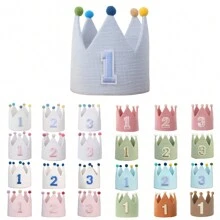 Handmade 1st Birthday Party Decorative Hats, Cute Birthday Crown Party Pom Pom Hats In Pink, Blue, White, Green, Macaron, Orange, Handmade