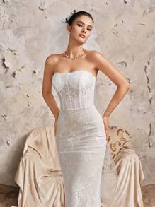 春季新款浪漫复古蕾丝贴花束腰情人节礼服露肩优雅鱼尾婚纱，新娘 - 白色 - 查看 4