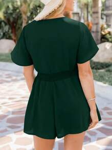 Women's Casual Summer Jumpsuit Loose Tie Front Wide Leg V Neck Romper For Beach - Dark Green - View 4