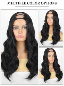 20 英寸自然黑色波浪假发 U 型假发 女士升级版 U 型假发 女士半假发 U 形无胶假发 不脱落波浪 U 型合成假发 - 黑色 - 查看 4