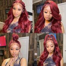 Burgundy Synthetic Lace Front Wig Long Wavy Middle Part Lace Wigs 99J Red Body Wave Pre Plucked HD Lace Wigs For Women Glueless Natural Wave For Daily Party Use 26inch - 酒紅色 - 查看 4