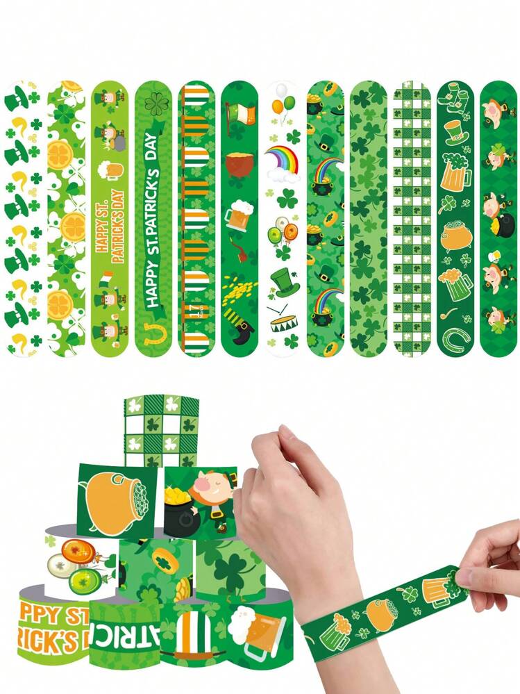6pcs/12pcs-Party Slap Plastic Wristband,St.Patrick's Day Slap Wristband,Party Slap Bracelet,St Patrick's Day Slap Bracelets Party Favors,Shamrock Pattern Wristband,Leprechaun, Beer, Hat, Flag, Coins For Party Wristbands, Fabric Wristbands, Event Armbands, Wedding, Party, Concert, Exhibition, Festival Supplies, VIP Bracelets,Party Supplies,Birthday Party Gifts,Perfect Party Gift - Multicolor - View 1