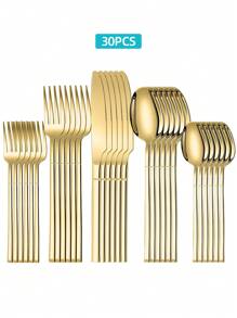 Stainless Steel Tableware Set, 5/20/30pcs Golden/Silver/Black Cutlery Set-Includes Dining Knives, Table Forks, Dining Spoons, Teaspoons And Dessert Forks, Forks For Salad/Appetizers/Dessert, And Mini Spoons For Coffee/Tea/Dessert/Cake/Stirring/Fruit/Ice Cream, Reusable Steak Knife, Soup Spoon, Teaspoon, Main Fork, Mini Forks