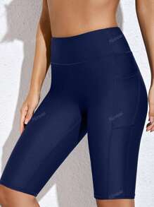 Women's High Waisted Swim Shorts With Pockets Solid Board Short Pants Bathing Suit Bottoms For Swimming, Beach & Summer