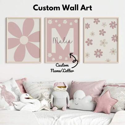 Set de 3 carteles de lienzo sin marco personalizados - Arte con nombre personalizado, impresión de margarita rosa, decoración floral para dormitorio, decoración de habitación con margarita rosa, comedor, sala de estar, dormitorio, oficina, sala de juegos, decoración del hogar, multifuncional, ornamental, elegante, personalizado, único, regalos ideales para ella, ella, novio, novia, amigos, estudiantes, trabajadores, niños, oficina, salón de té, escuela, cumpleaños del hogar, graduación, renovación del hogar, arte de pared personalizado, ambiente cálido, hogar y vida, decora tu hogar, recuerdos, adorable, de alta calidad, organizador de viajes