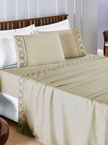 Luxurious 4-Piece King\Queen\Double Bed Set - 400 Thread Count Percale - Stick Stitch And Embroidery - Infinity - 卡其色 - 查看 1