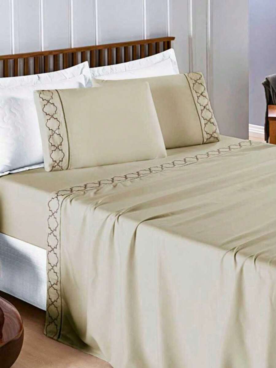 Luxurious 4-Piece King\Queen\Double Bed Set - 400 Thread Count Percale - Stick Stitch And Embroidery - Infinity - 卡其色 - 查看 1