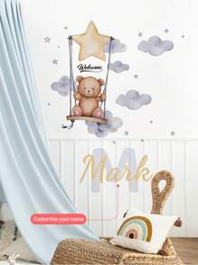 1pc Customizable Your Name Swinging Bear With Stars Wall Sticker, Removable For Bedroom, Living Room, Kids Room Decor,Multi-Functional, ,Ornamental,Reusable,Exquisite,Stylish,High-Quality,Colorful,Modern,Custom,Personalized,Unique,Ideal Gifts For Him,Ideal Gifts For Her,Boyfriend,Dad,Girlfriend,Mom,Family,Friends,Tea Room,Home,Garden,Office,For Anniversaries,For Valentine's Day,For Mother's Day,For Birthdays,For Father's Day,For Graduation,For Weddings,For Housewarming,Home Refresh