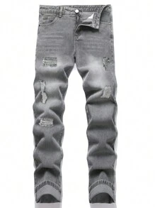 Men's Front Button Pocket Simple Casual Fashion Distressed Denim Jeans - Grey - View 1