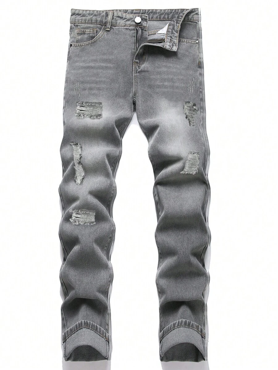Men's Front Button Pocket Simple Casual Fashion Distressed Denim Jeans - Grey - View 1