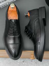 Fashion Minimalist Business Men Oxford Leather Shoes, Brogue Lace-Up Round Toe Elegant Formal Leather Shoes, Gentleman Solid Color Anti-Slip Outsole Casual Dress Shoes For Party, Wedding, Social Occasions, Spring Summer Autumn