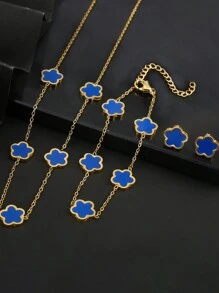 4 件套女士不锈钢五瓣花项链、手链、耳环首饰套装