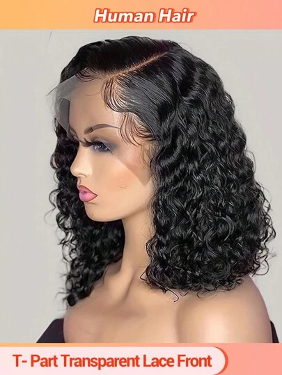 14 英寸短鲍勃假发 T 型深波浪鲍勃假发真人发 180% 密度深卷曲雷米真人发预拔湿波浪透明蕾丝前假发女士自然发际线