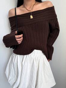 超大码女装秋冬休闲时尚 Y2K 纯色罗纹露肩宽松长袖毛衣 - 咖啡棕 - 查看 4