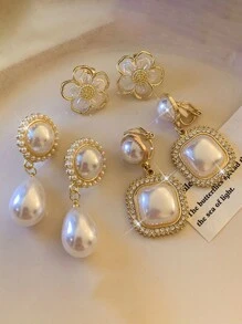 2pcs Korean Retro Faux Pearl Clip-On Earrings, Minimalist Non-Pierced Layered Design