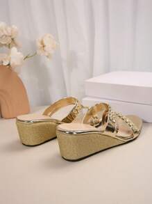 Women's Fashion Rhinestone Decor Wedge Heel Outdoor Casual Platform Sandals - Gold (Diamond Strip) - View 7