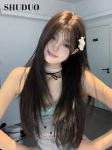 1 件合成耐热直发假发黑色，28 英寸长，由纤维制成，适合日常使用，自然逼真的假发（不包括配件） - Dark Brown - 查看 1