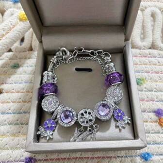 1 件捕梦网装饰紫色珠子樱花吊饰可调节蛇链手链，迷人的波西米亚串珠首饰配饰，适合各种场合和作为礼物