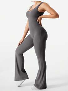 VOYJOY VOYJOY Mono acampanado para mujer, mono ajustado con fruncido en el trasero, mono largo sin mangas, deportivo, sin espalda, mono de yoga, bodycon, traje de cuerpo entero de una pieza, mono elástico elegante, negro