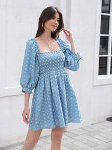 Besticktes Puffärmel Kleid mit elastischem Bund